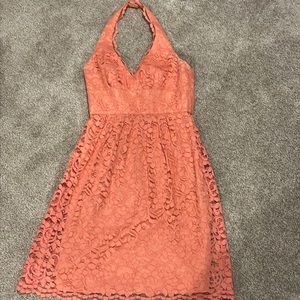 David's Bridal Floral Lace Coral Halter Dress